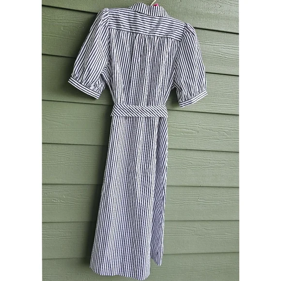 Ann Taylor Stripes Puffed Sleeves A-line Midi Petite Shirt Dress - Picture 7 of 8